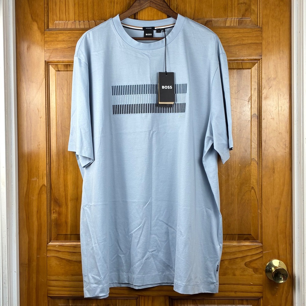 BOSS Thompson Striped Logo T-Shirt Gray Blue 2XT NWT Mercerised Cotton